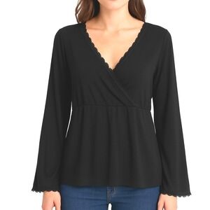 NORDSTROM Black Lace Trim V Neck Faux Wrap Top Size L